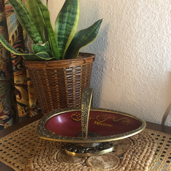 Hand Crafted Other - Israeli Hand Painted Mid Century Brass Enamel Footed Bowl Vintage